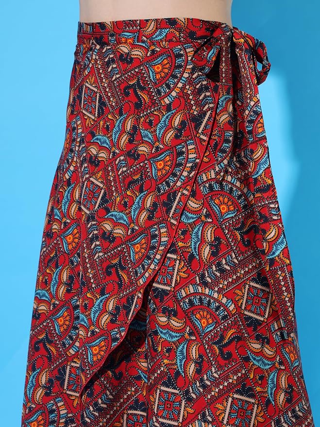 Faux Kutch Embroidery Print Midi Wrap Skirt