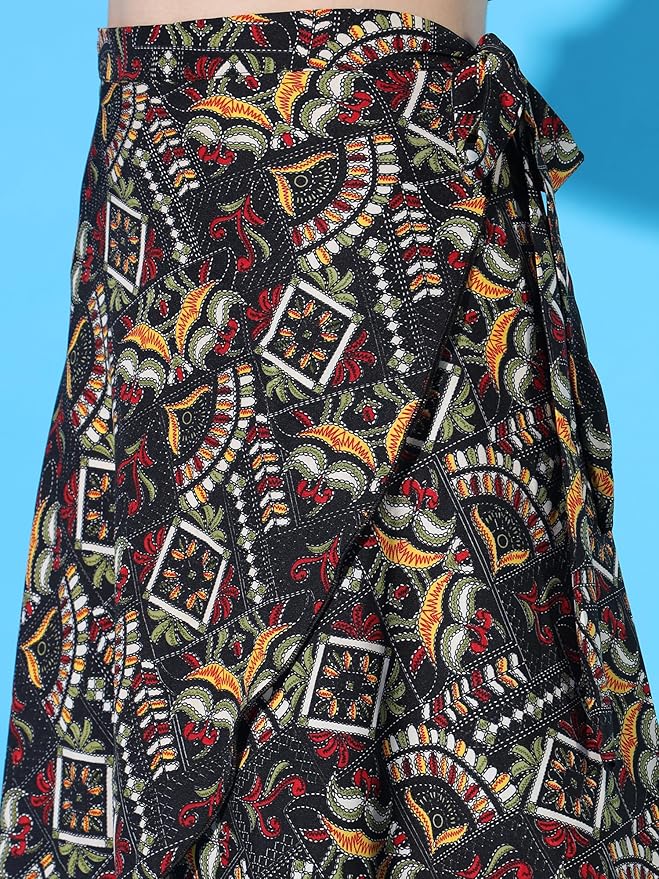Faux Kutch Embroidery Print Midi Wrap Skirt