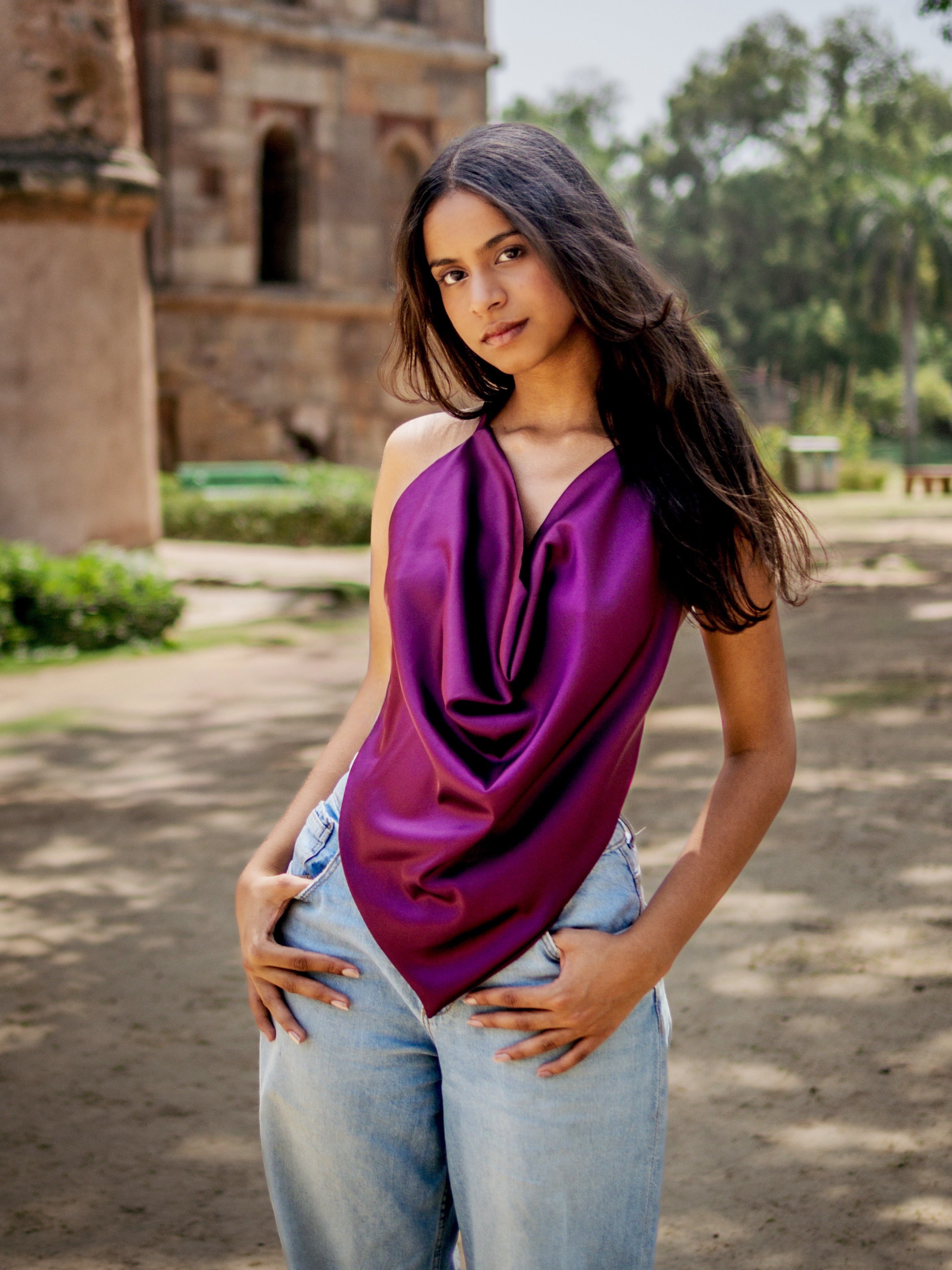 Handkerchief Cut Satin Backless Halter Top (Wine)