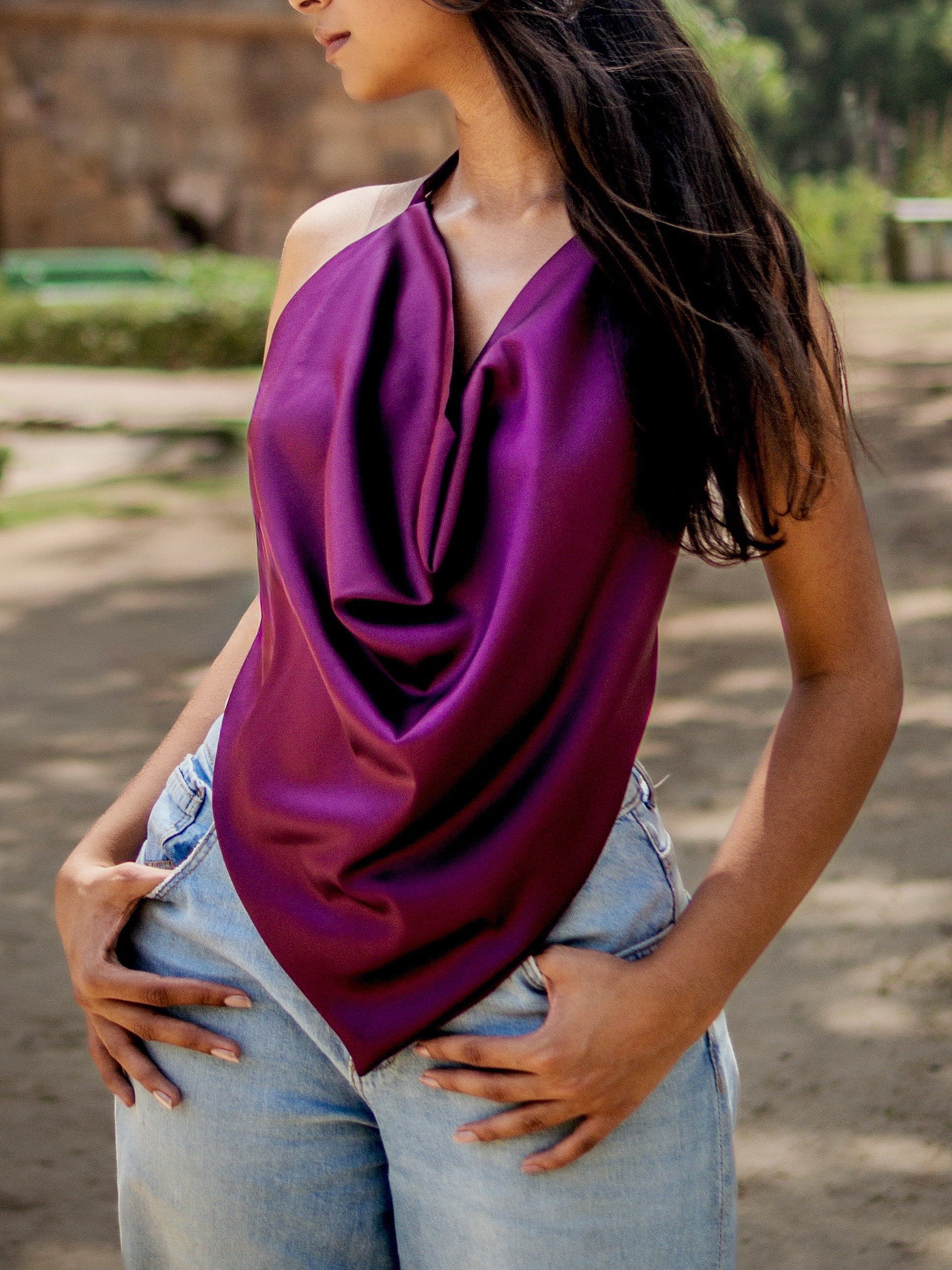 Handkerchief Cut Satin Backless Halter Top (Wine)