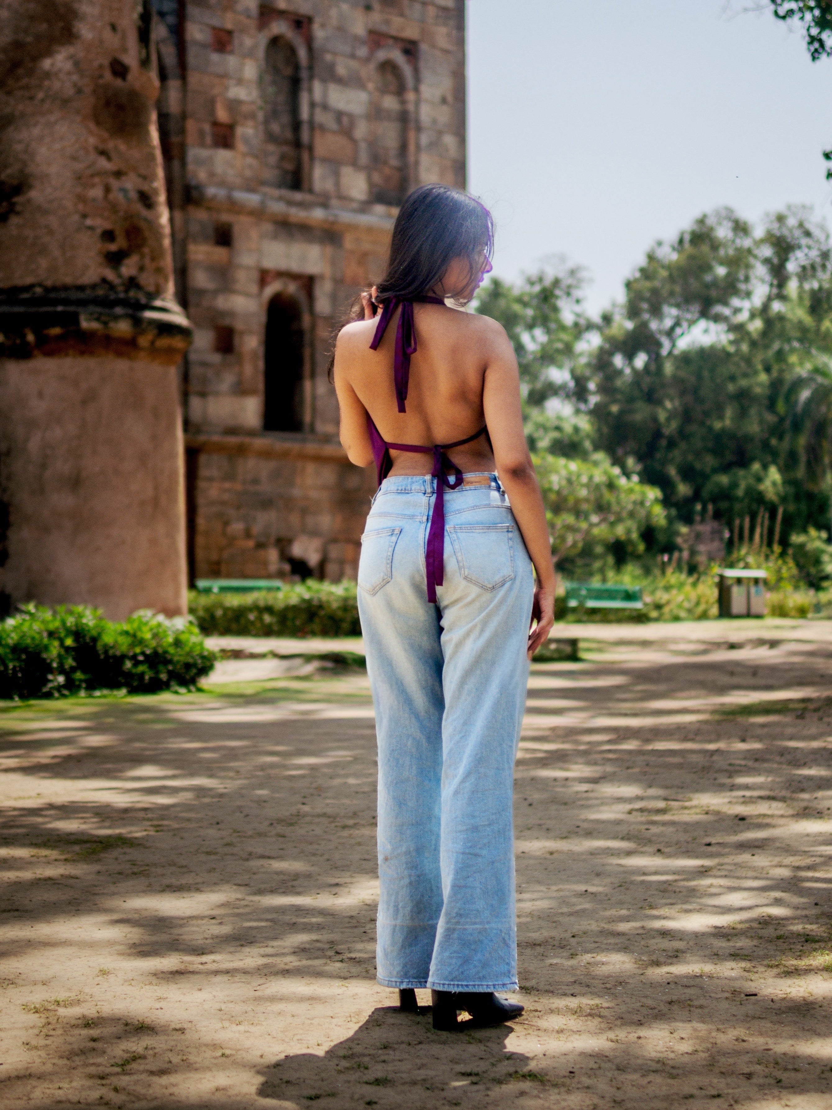 Handkerchief Cut Satin Backless Halter Top (Wine)