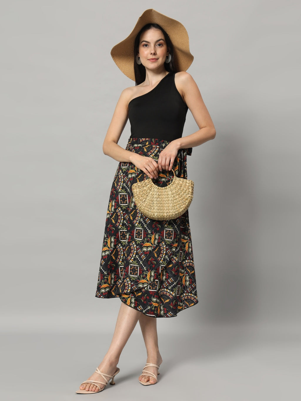 Faux Kutch Embroidery Print Midi Wrap Skirt