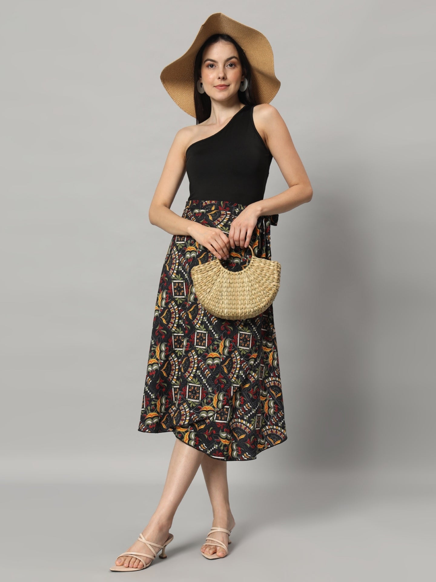 Faux Kutch Embroidery Print Midi Wrap Skirt