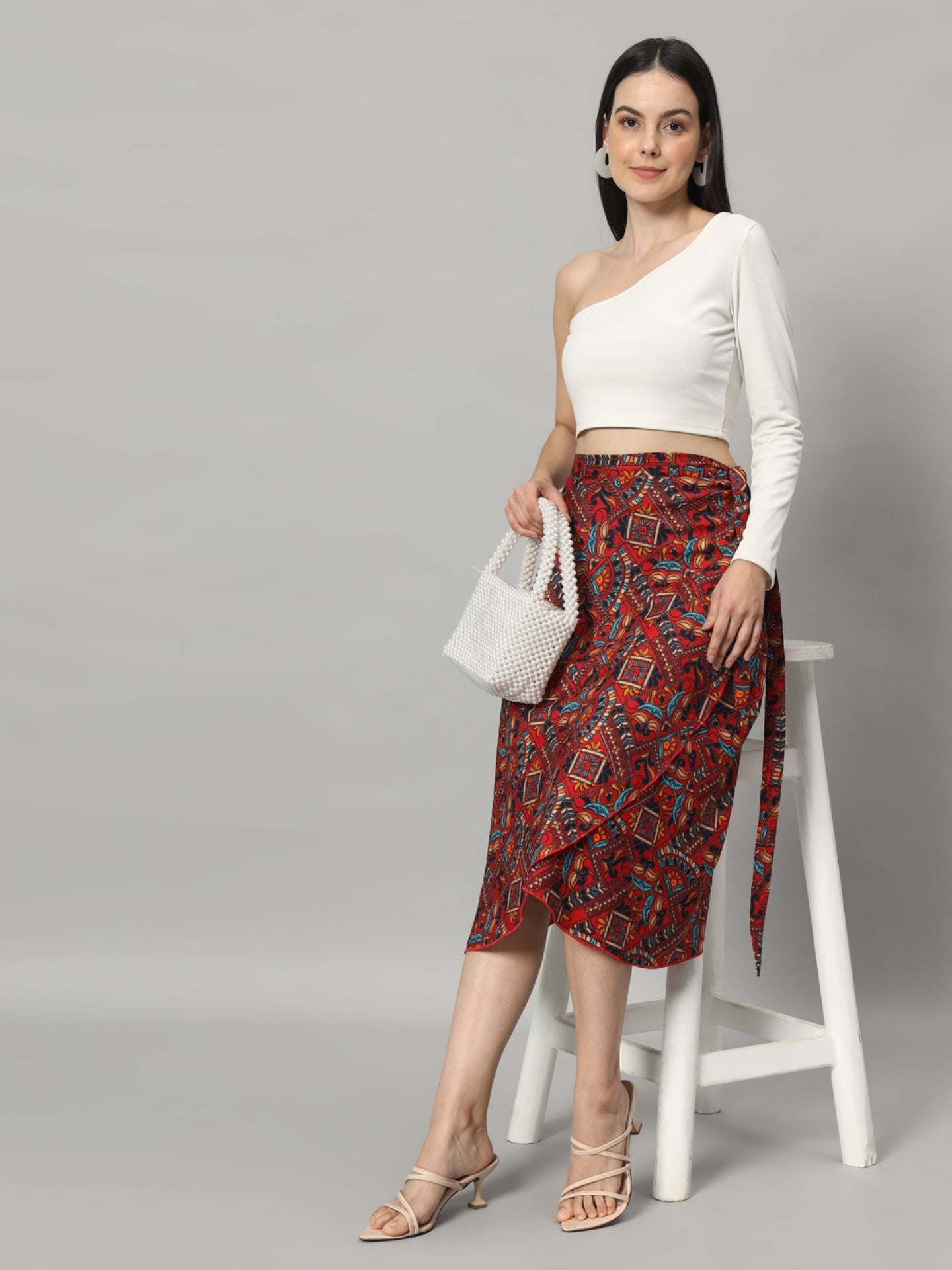 Faux Kutch Embroidery Print Midi Wrap Skirt