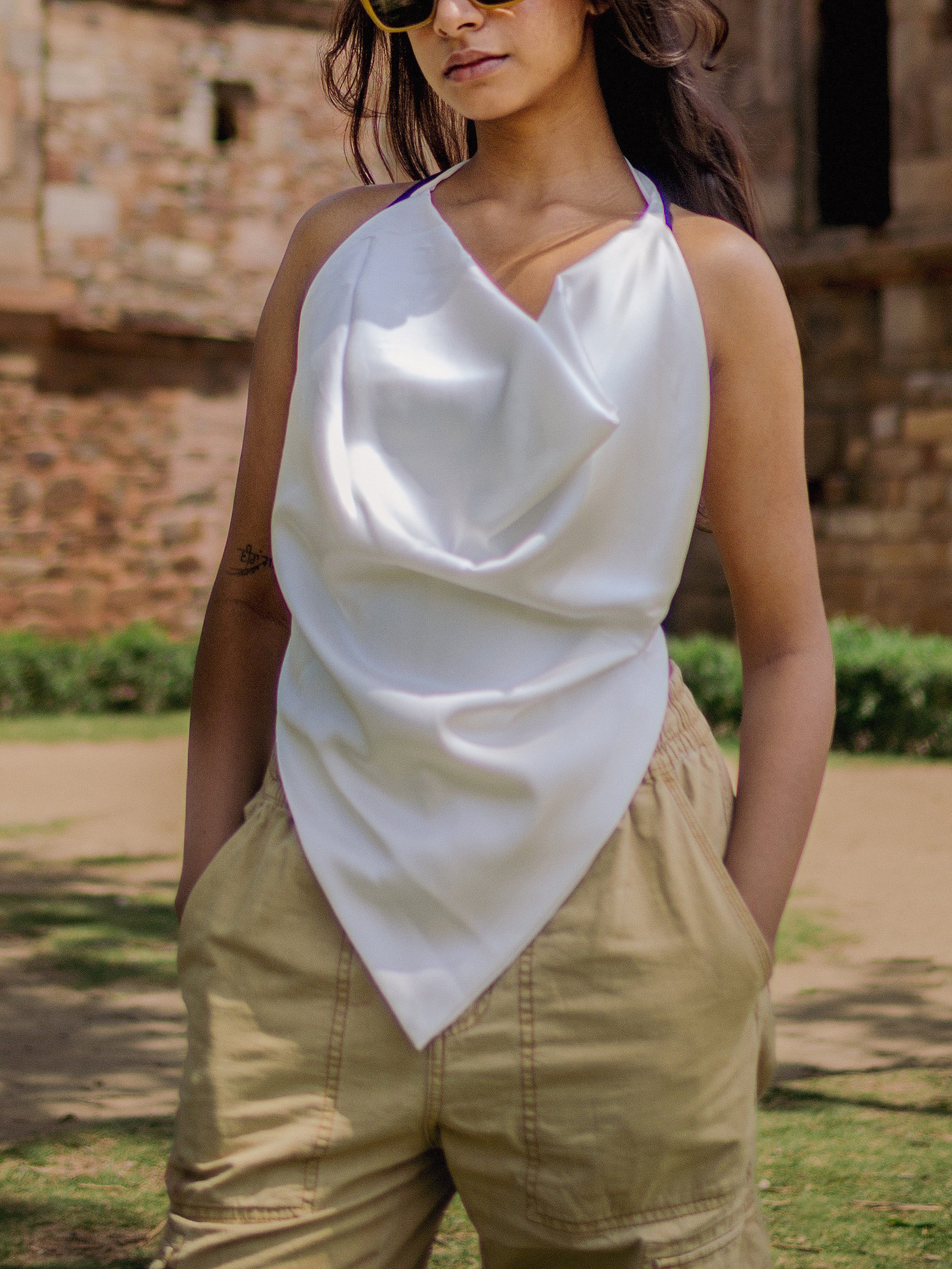 Handkerchief Cut Satin Backless Halter Top (White)