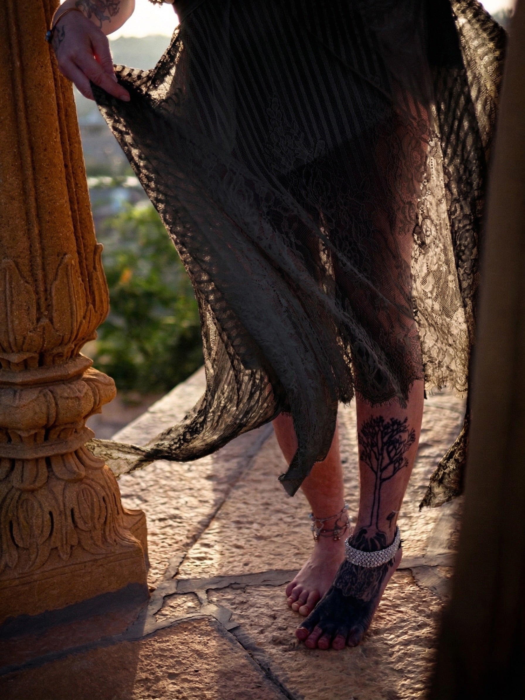 Asymmetric Cut Sheer Lace Skirt (Black)