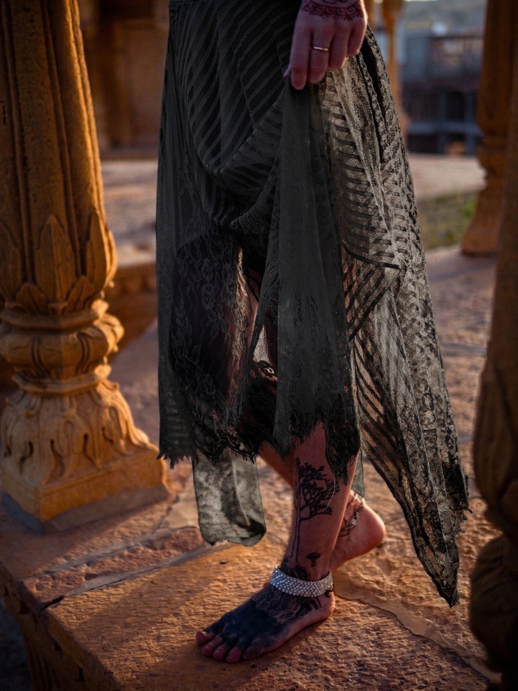 Asymmetric Cut Sheer Lace Skirt (Black)