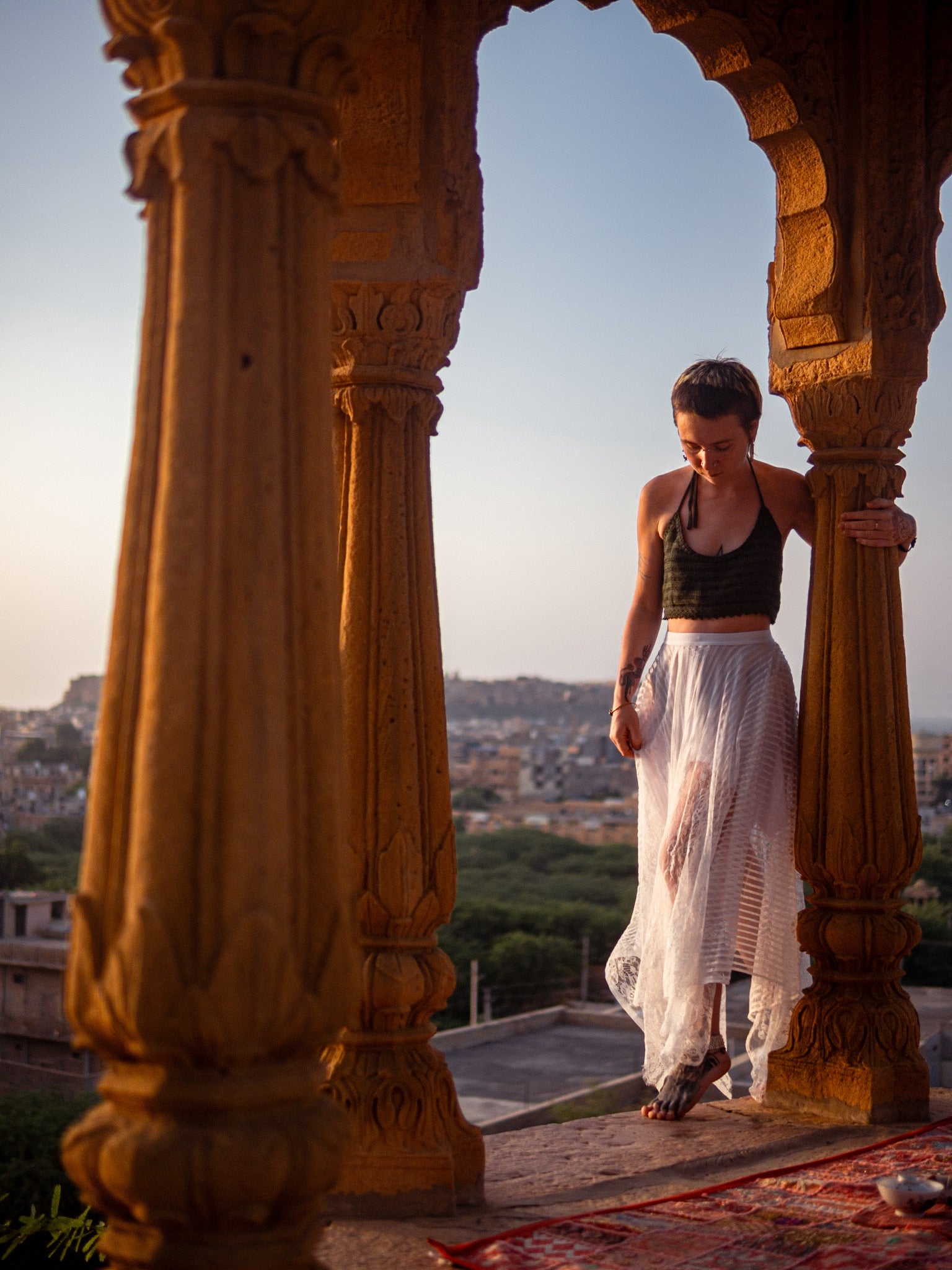 Asymmetric Cut Sheer Lace Skirt (White)