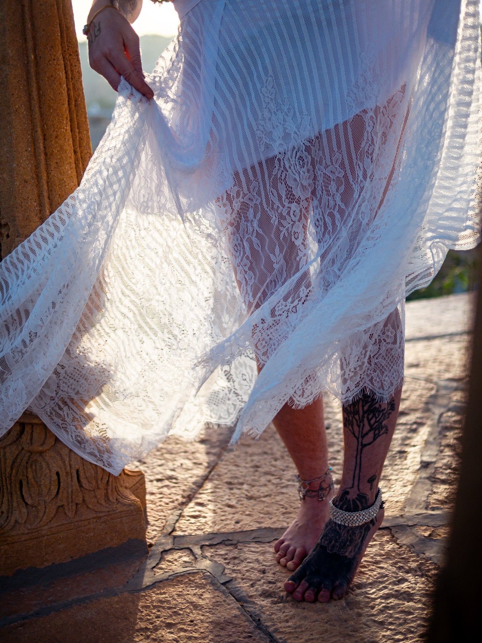 Asymmetric Cut Sheer Lace Skirt (White)