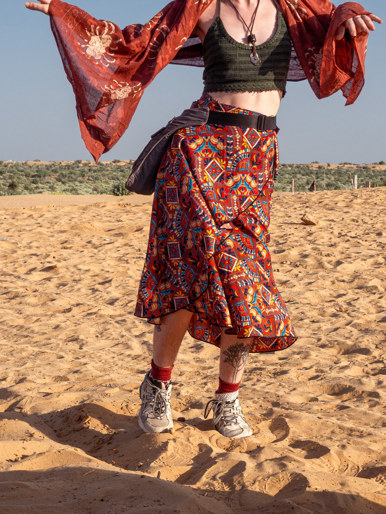 Faux Kutch Embroidery Print Midi Wrap Skirt