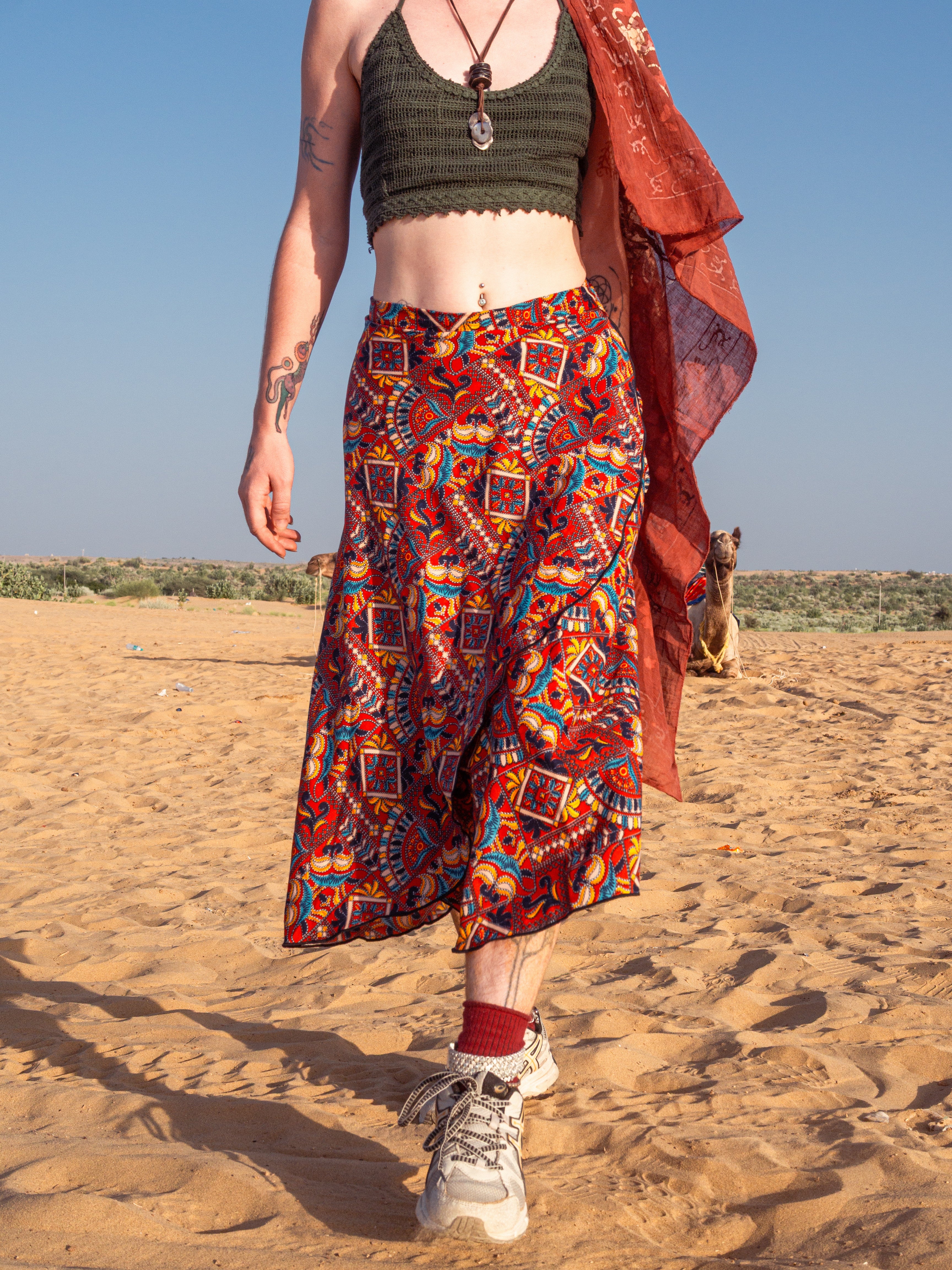 Faux Kutch Embroidery Print Midi Wrap Skirt