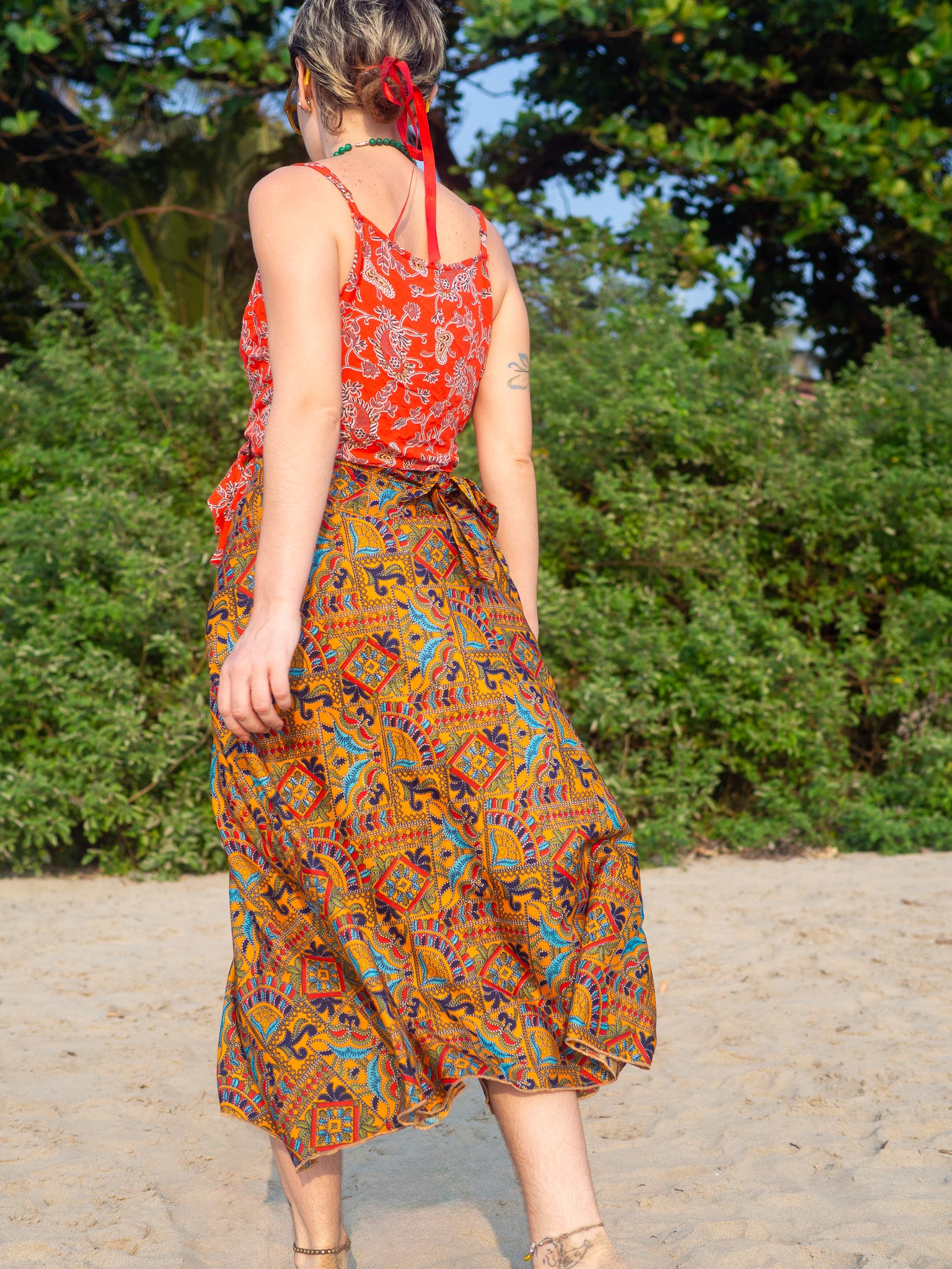 Faux Kutch Embroidery Print Maxi Wrap Skirt