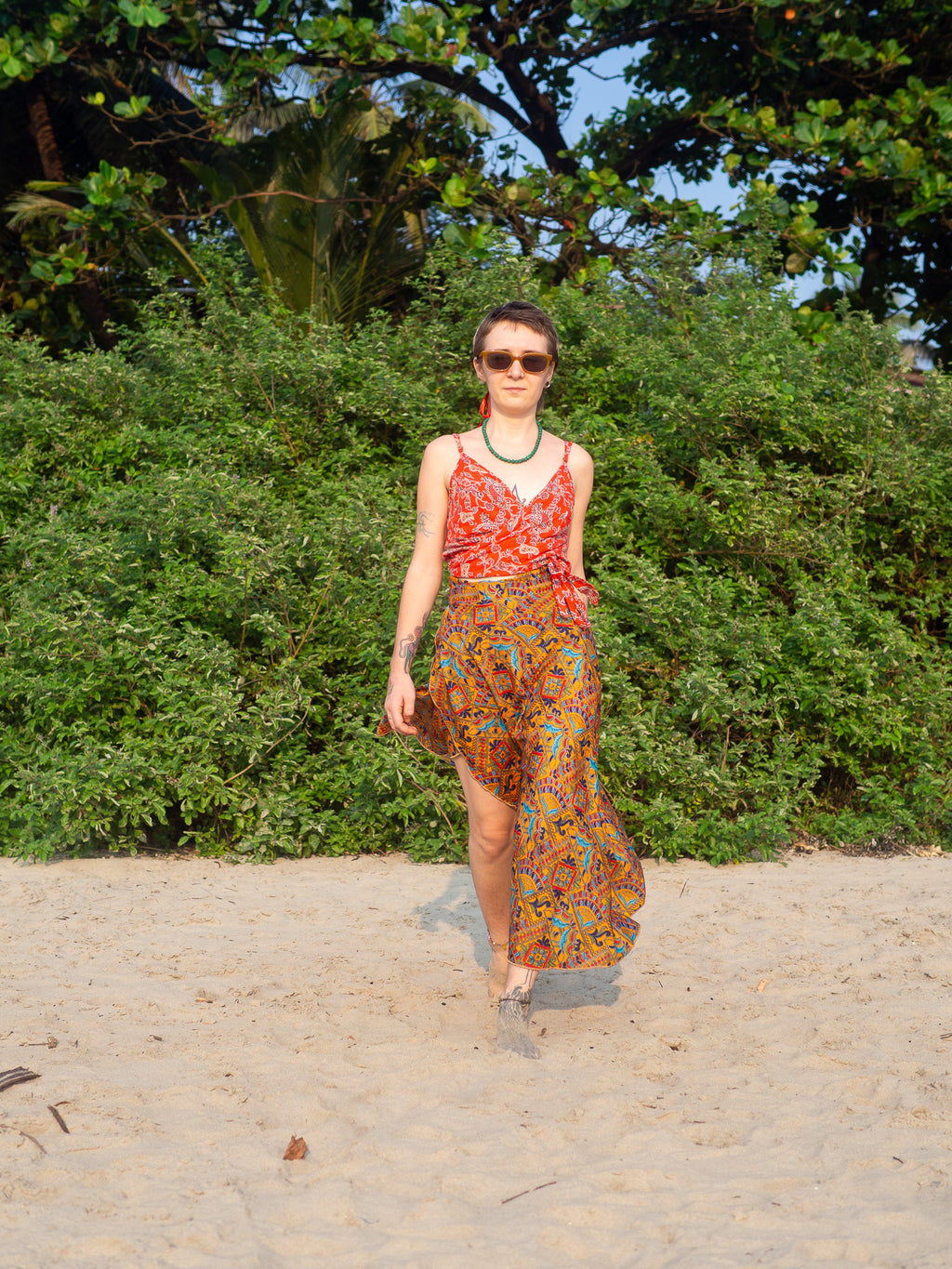 Faux Kutch Embroidery Print Maxi Wrap Skirt