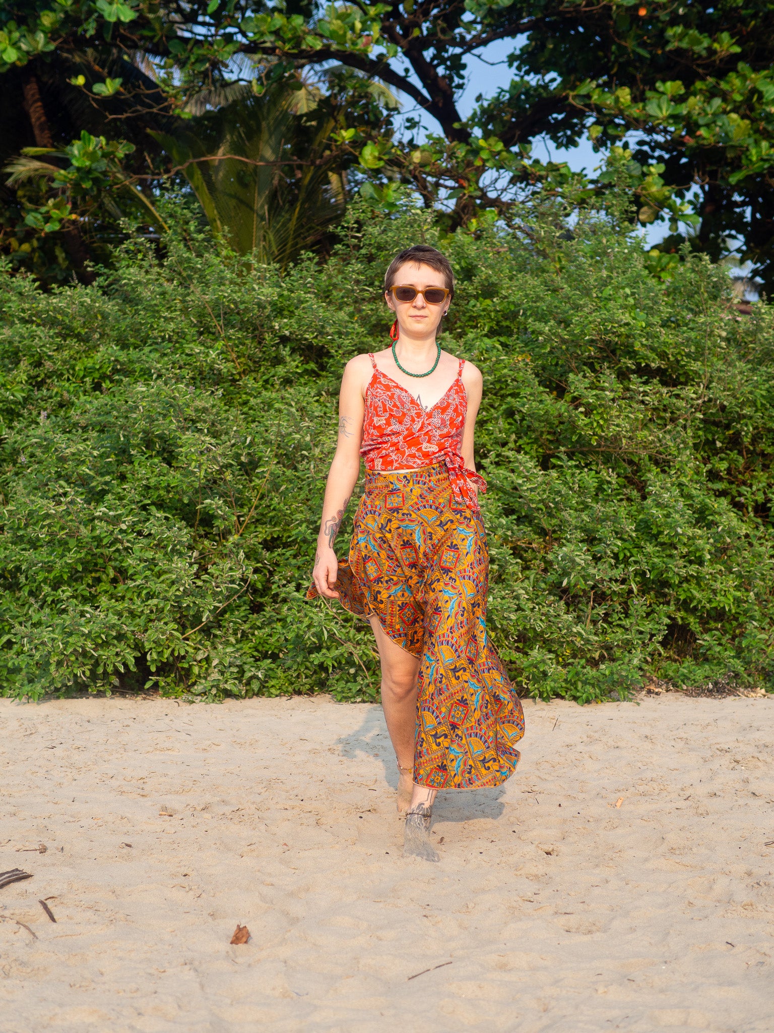 Faux Kutch Embroidery Print Maxi Wrap Skirt