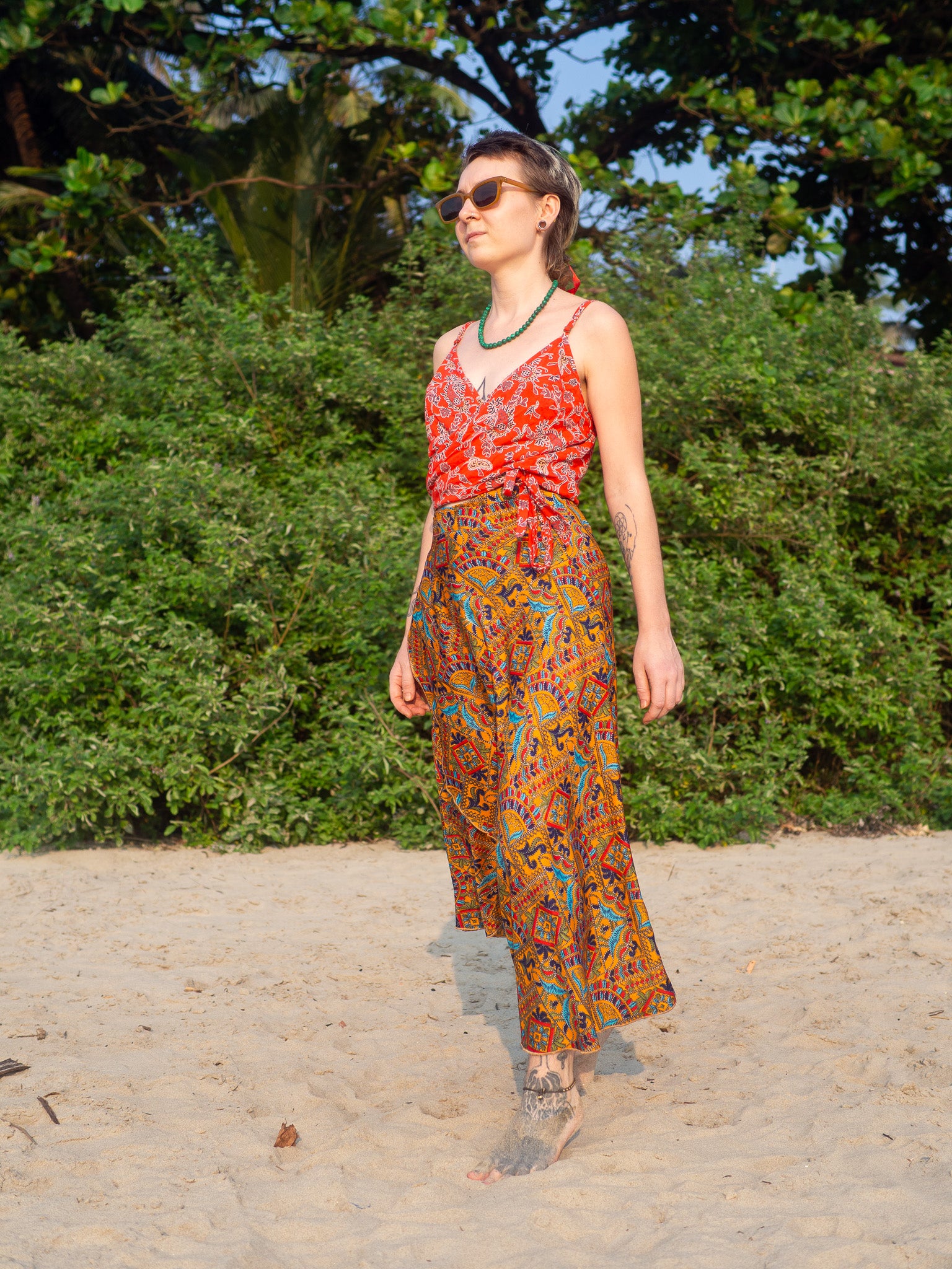 Faux Kutch Embroidery Print Maxi Wrap Skirt