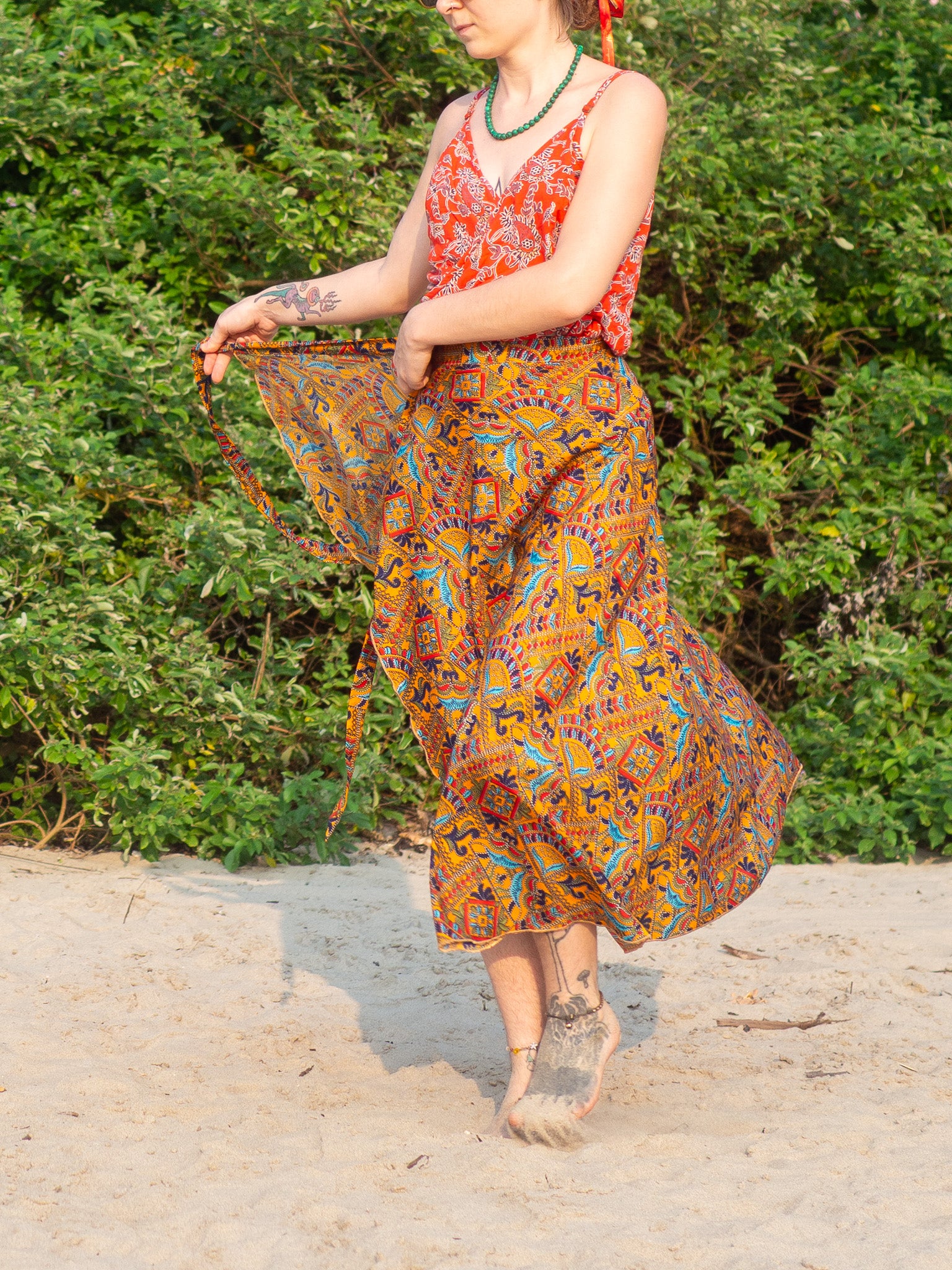 Faux Kutch Embroidery Print Maxi Wrap Skirt